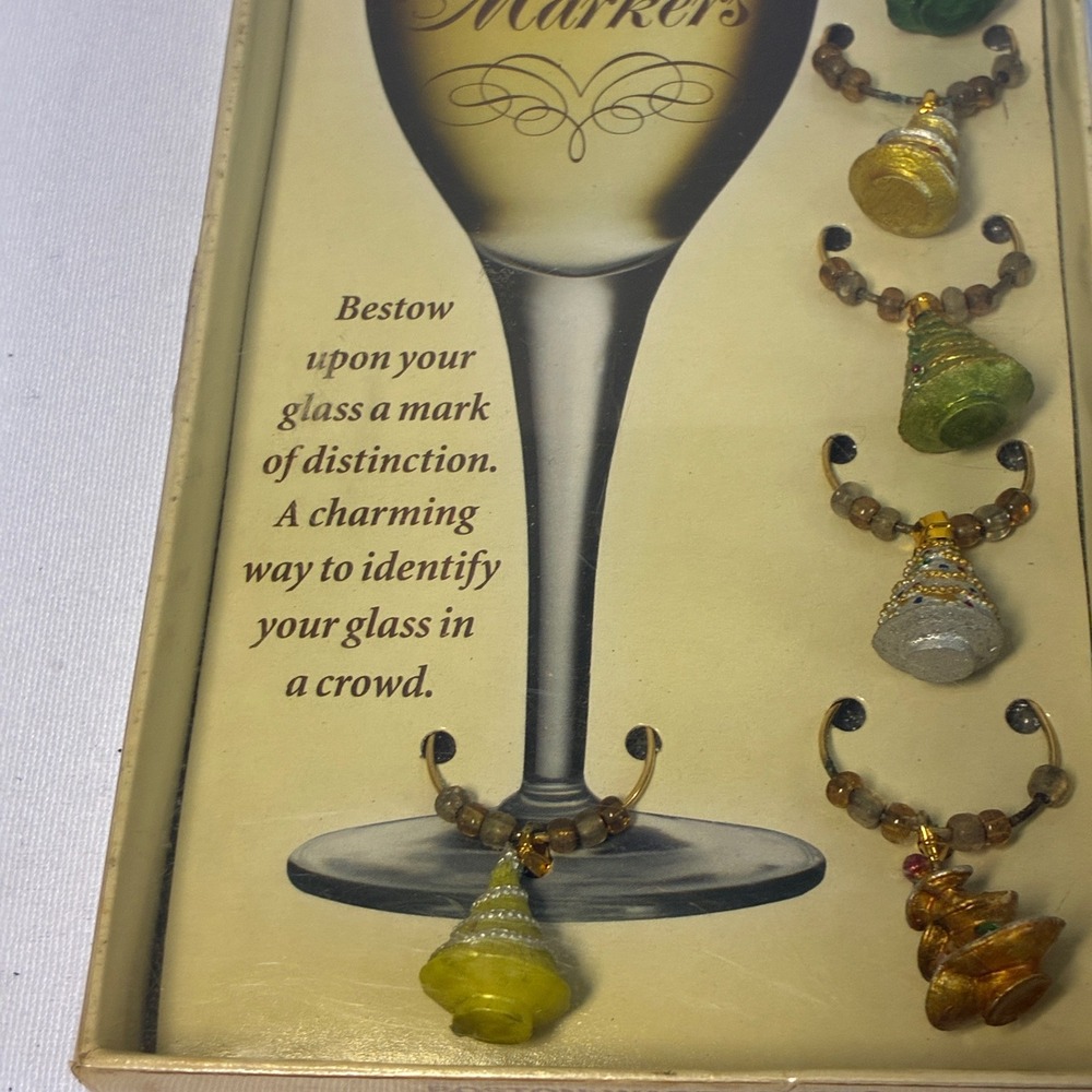 VTG Christmas Tree Wine Charms Set 6 Boston Warehouse Retro Kitsch Whimsical Fun - Picture 3 of 6